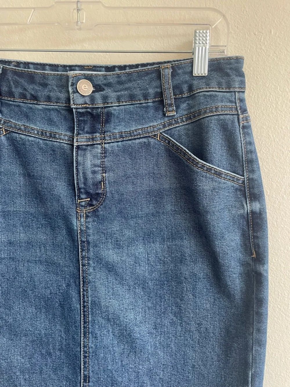 Edited x Hunter McGrady Denim Midi Skirt High Rise Front Slit Stretch Blue - 2